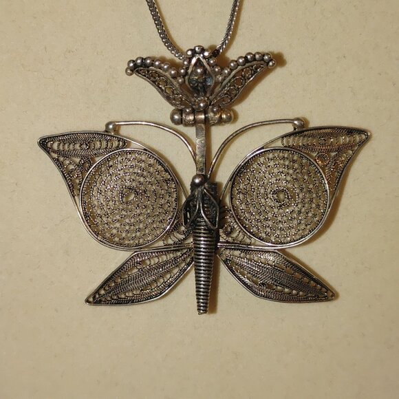 Filigree Butterfly Pendant Wheat Necklace Vintage Sterling Silver 925 From Turke - Picture 7 of 16
